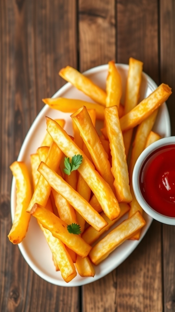 Crispy Air Fryer Healthy Fries Recipe Crispy air fryer healthy fries on a plate with ketchup and parsley garnish.